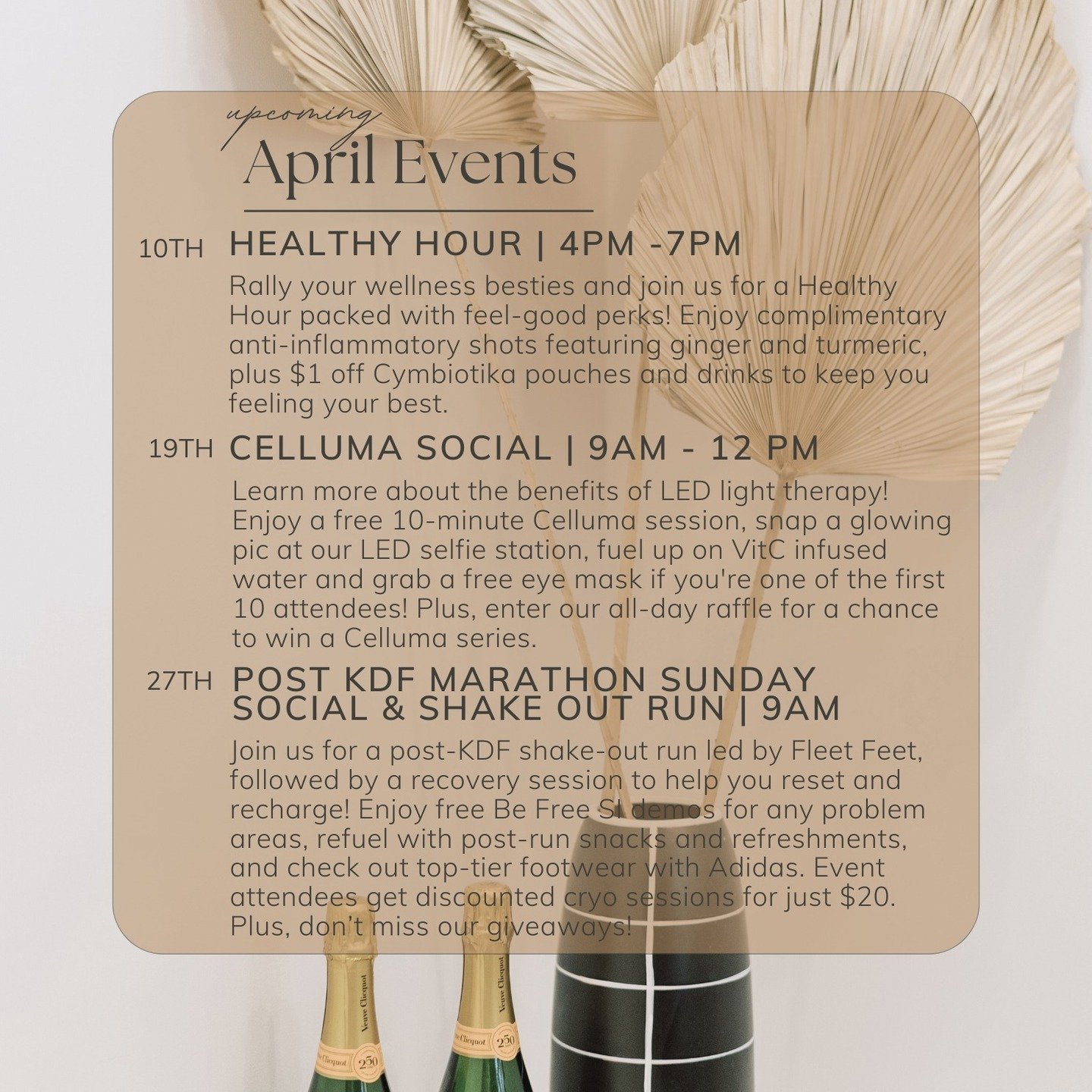 April is here, and our calendar is blooming with feel-good events! 🌷✨ 

From wellness socials and glow-boosting gatherings to post-run recharge sessions, we've got plenty of ways to sip, chill, glow, and connect all month long. 

Plus, we're droppin