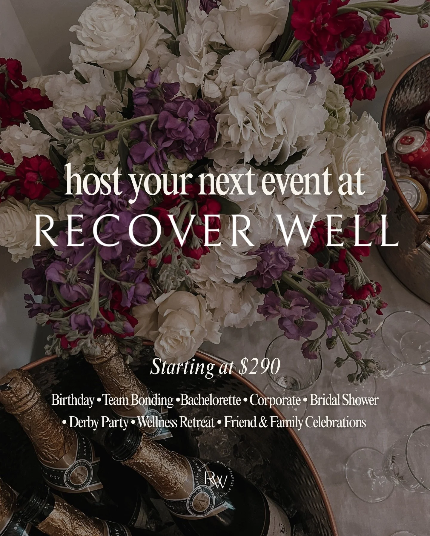 HOST YOUR EVENT AT RECOVER WELL 🥂

🤩Starting at just $290 for up to 10 guests.

BASE PACKAGE INCLUDES:
&rarr; 1.5 hours of studio rental&rarr; 2 Services per person
&rarr; Dedicated Studio attendant
&rarr; Light snacks &amp; bubbles
&rarr; Personal