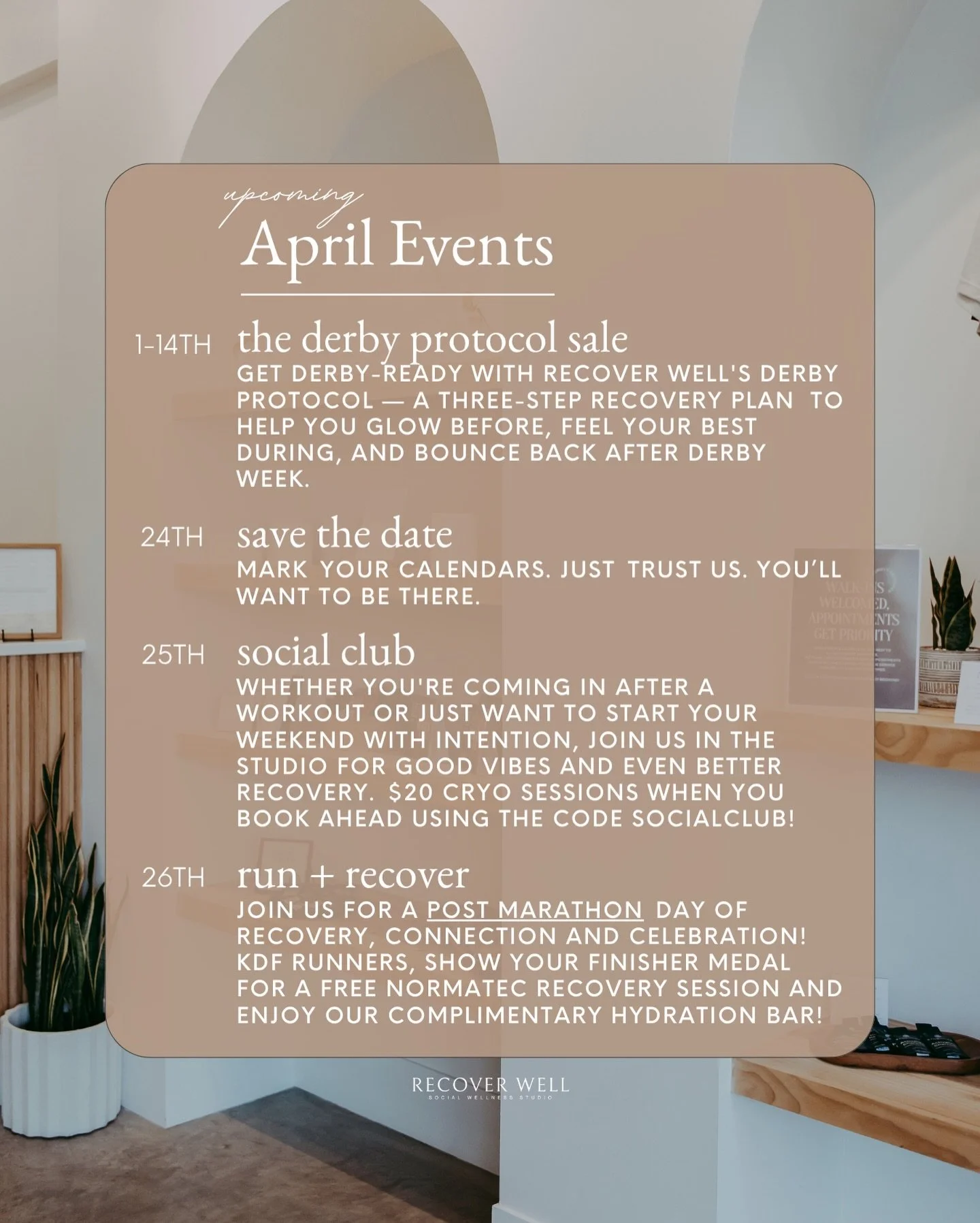 april&rsquo;s looking full. in the best way. 🤍

we&rsquo;ve got a whole month of things worth showing up for &mdash;

✦ derby protocol sale &mdash; apr 1&ndash;14
glow up before, feel good during, recover after. that&rsquo;s the vibe.

✦ save the da