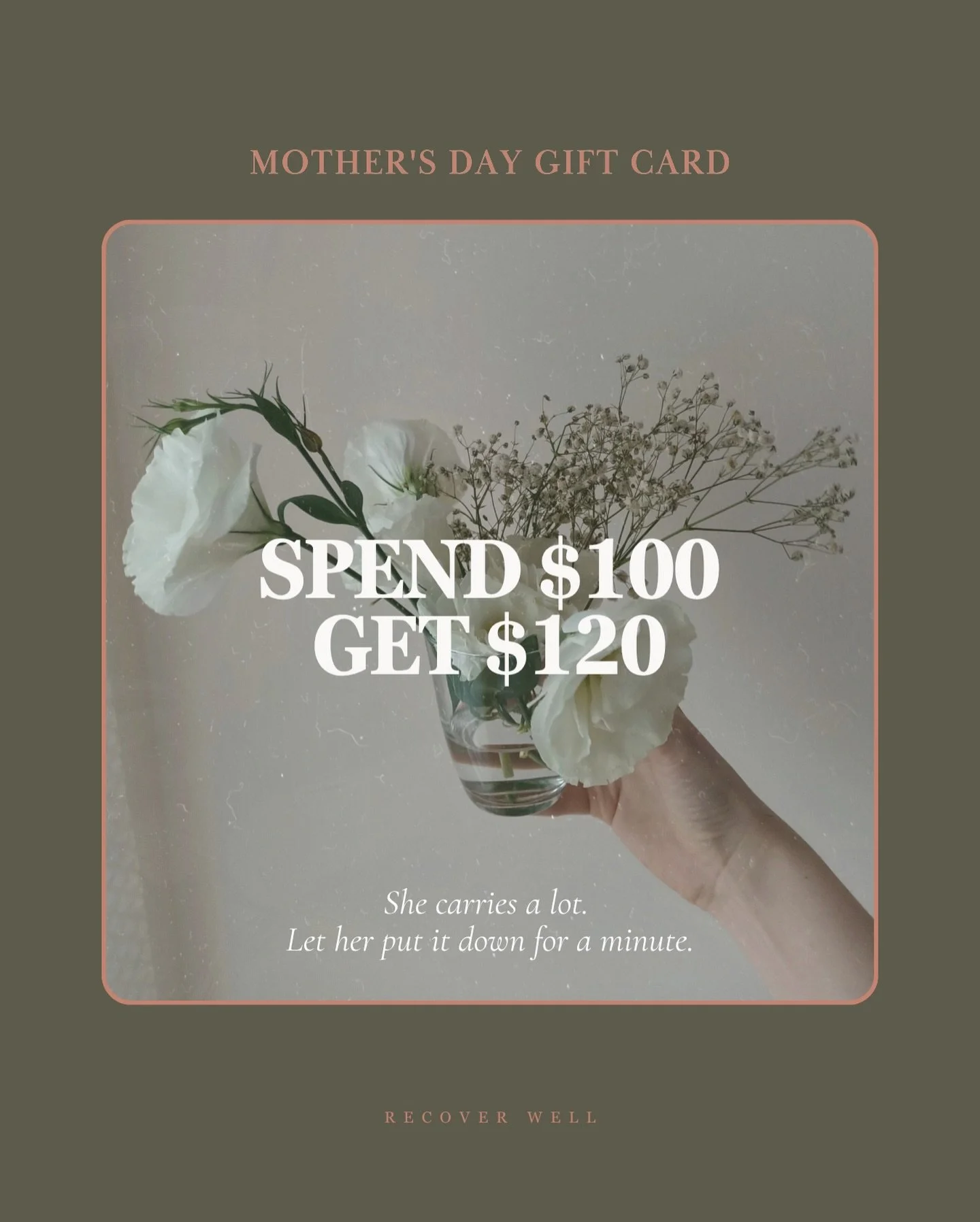 She gives everything to everyone. This Mother&rsquo;s Day, give her something she&rsquo;d actually choose for herself.

🌸$100 gift card. $120 in treatments.

Infrared sauna. Cryotherapy. Salt therapy. Compression. 

The kind of afternoon she deserve