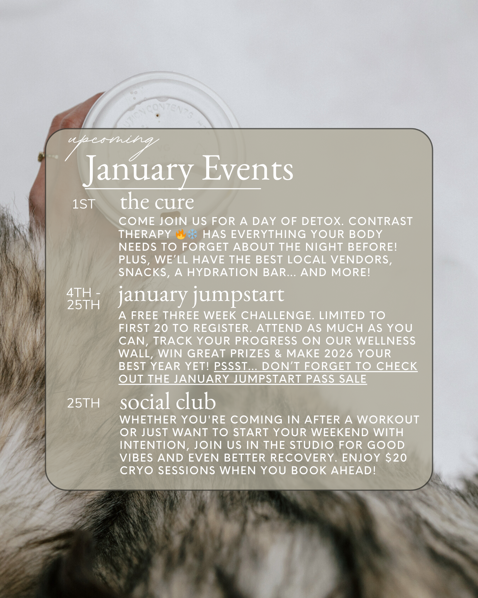 A poster listing upcoming September events for a beauty or wellness studio, including skincare reset, French-inspired skincare sessions, and a social club, with dates and descriptions.