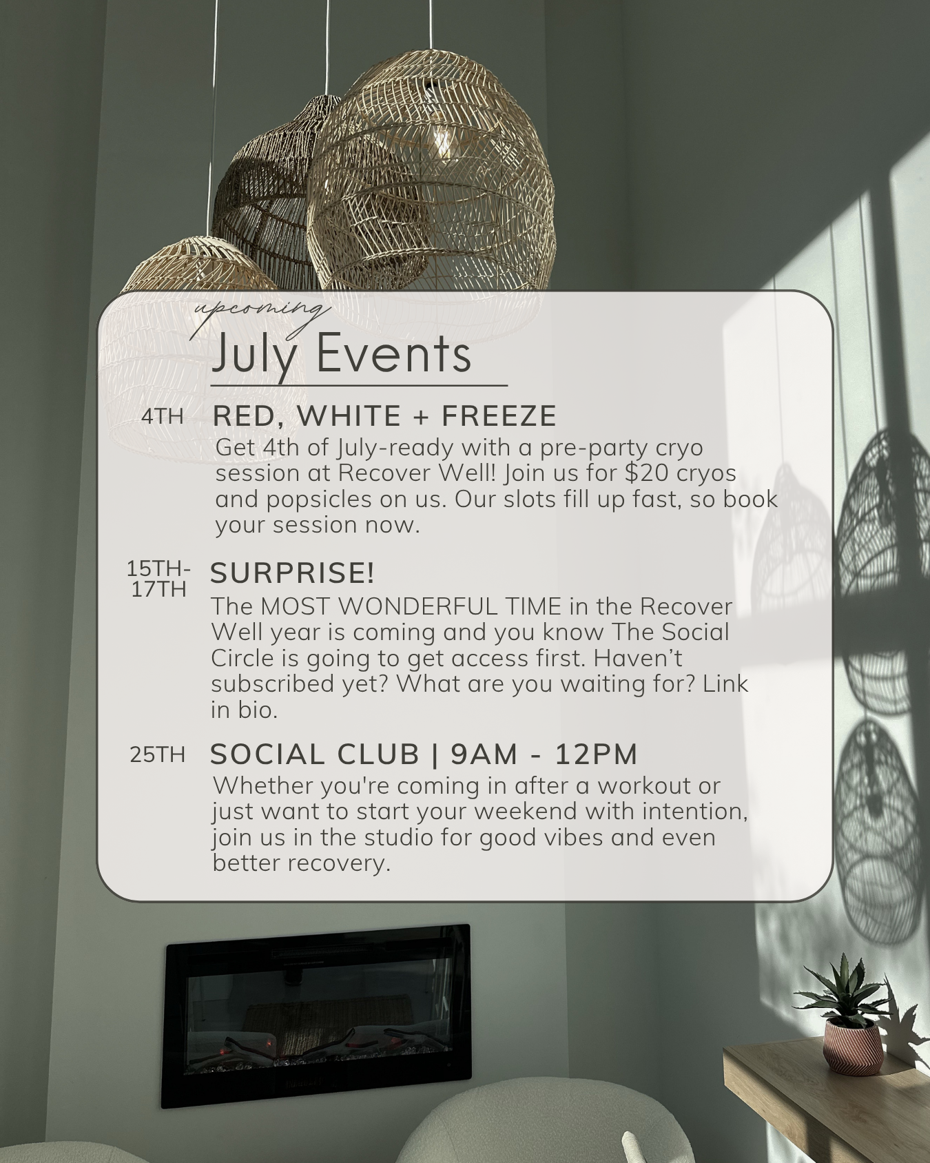 A poster listing upcoming September events for a beauty or wellness studio, including skincare reset, French-inspired skincare sessions, and a social club, with dates and descriptions.