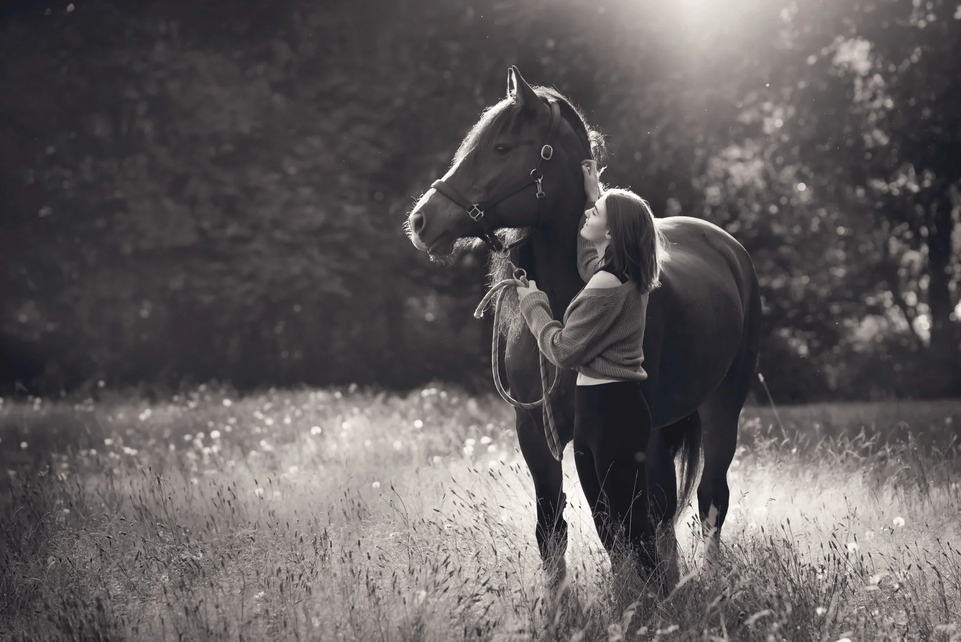 Young woman standing in sunlight with her beautiful horse near Vancouver.
