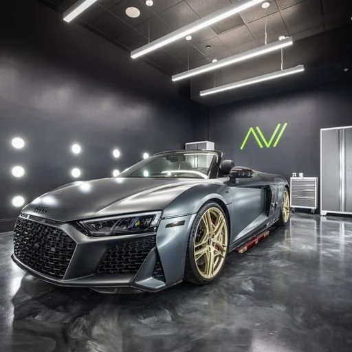 A matte gray luxury convertible sports car with gold wheels in a modern, sleek garage with black walls and ceiling, illuminated by LED lights.