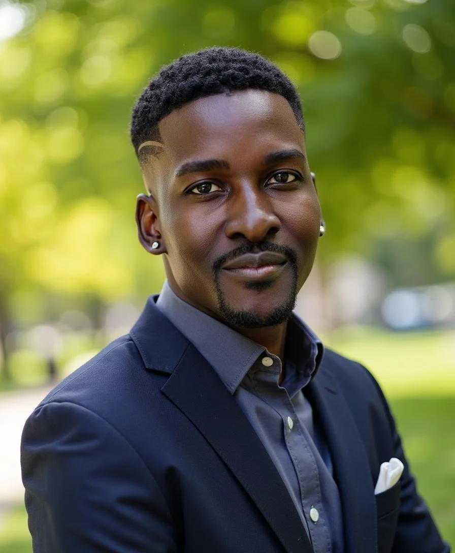 A confident young man with a short, textured hairstyle and earrings, dressed in a dark suit jacket over a collared shirt, standing outdoors with a blurry green background.