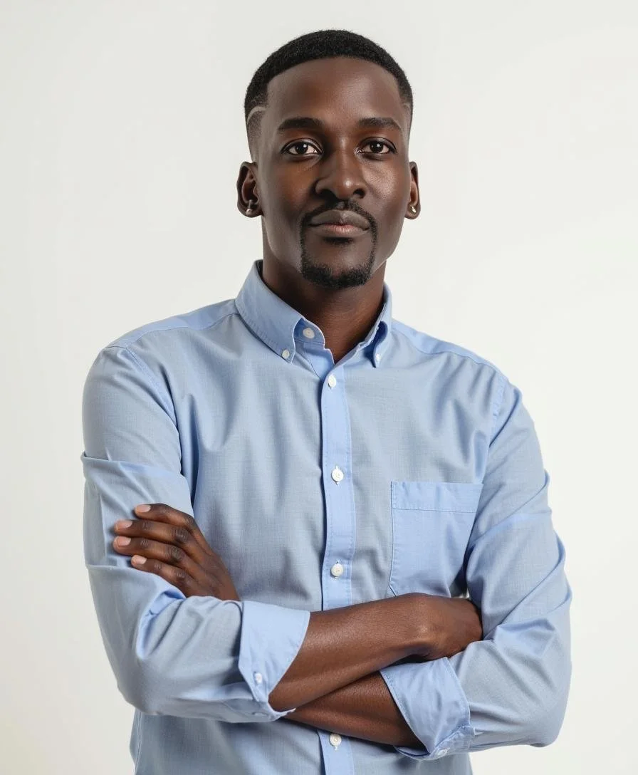 A man with dark skin and short hair standing with his arms crossed, wearing a light blue dress shirt against a plain white background.