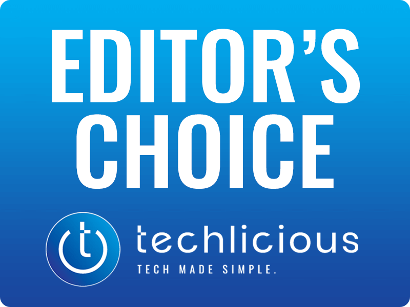 Blue gradient background with bold white text that says "EDITOR'S CHOICE" and a logo with a power button symbol beside the word "techlicious" and the tagline "TECH MADE SIMPLE."