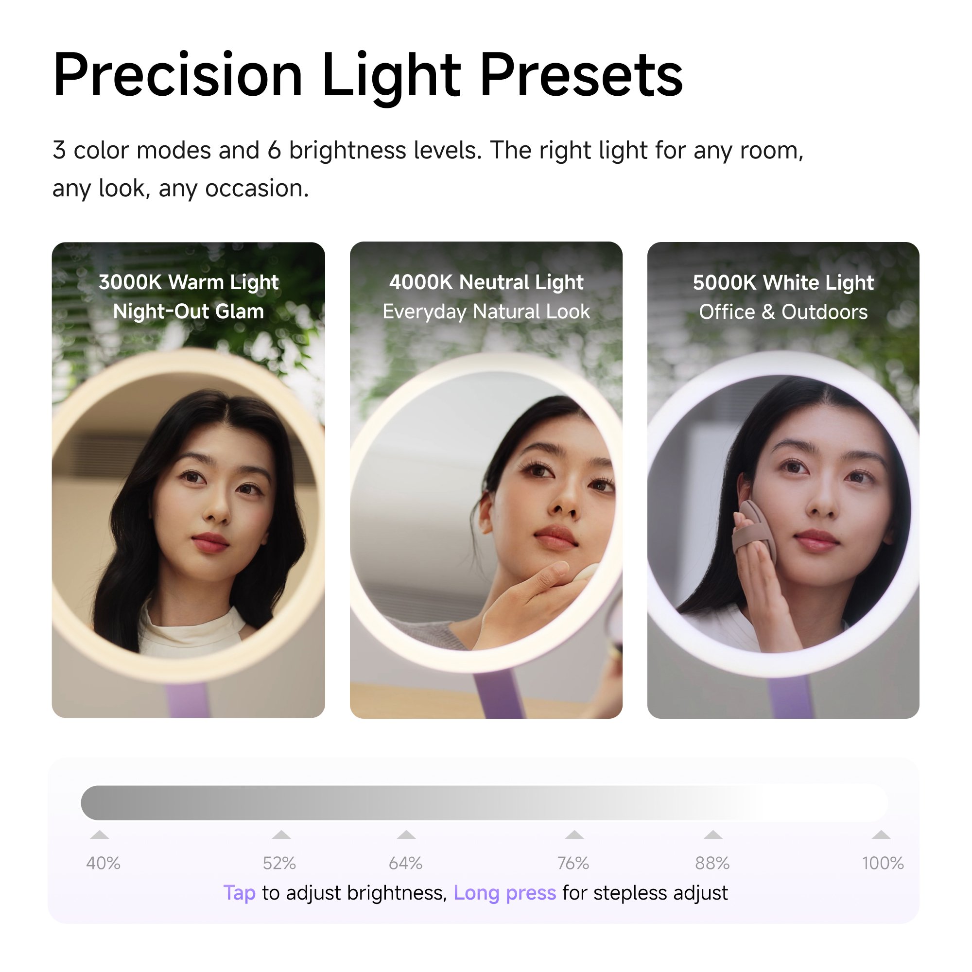 A screenshot of a smartphone app interface for adjusting the brightness of precision light presets. The screen shows three light modes: 3000K Warm Light, 4000K Neutral Light, and 5000K White Light, each accompanied by a circular image of a woman. Beneath the images is a horizontal slider with a percentage scale from 40% to 100%, currently set around 52%, for controlling brightness. Instructions at the bottom note tapping to adjust brightness and long pressing for stepless adjustment.