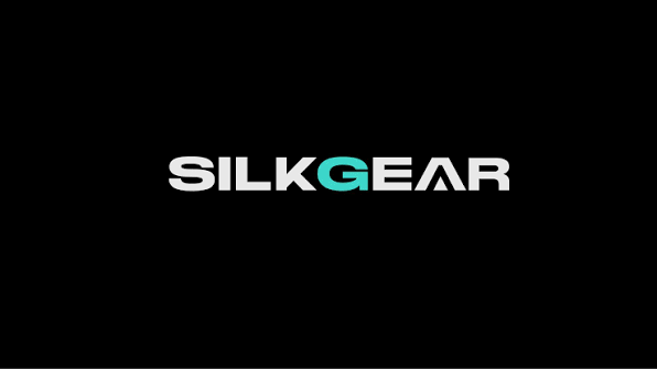 SilkGear logo with black background and white and teal text