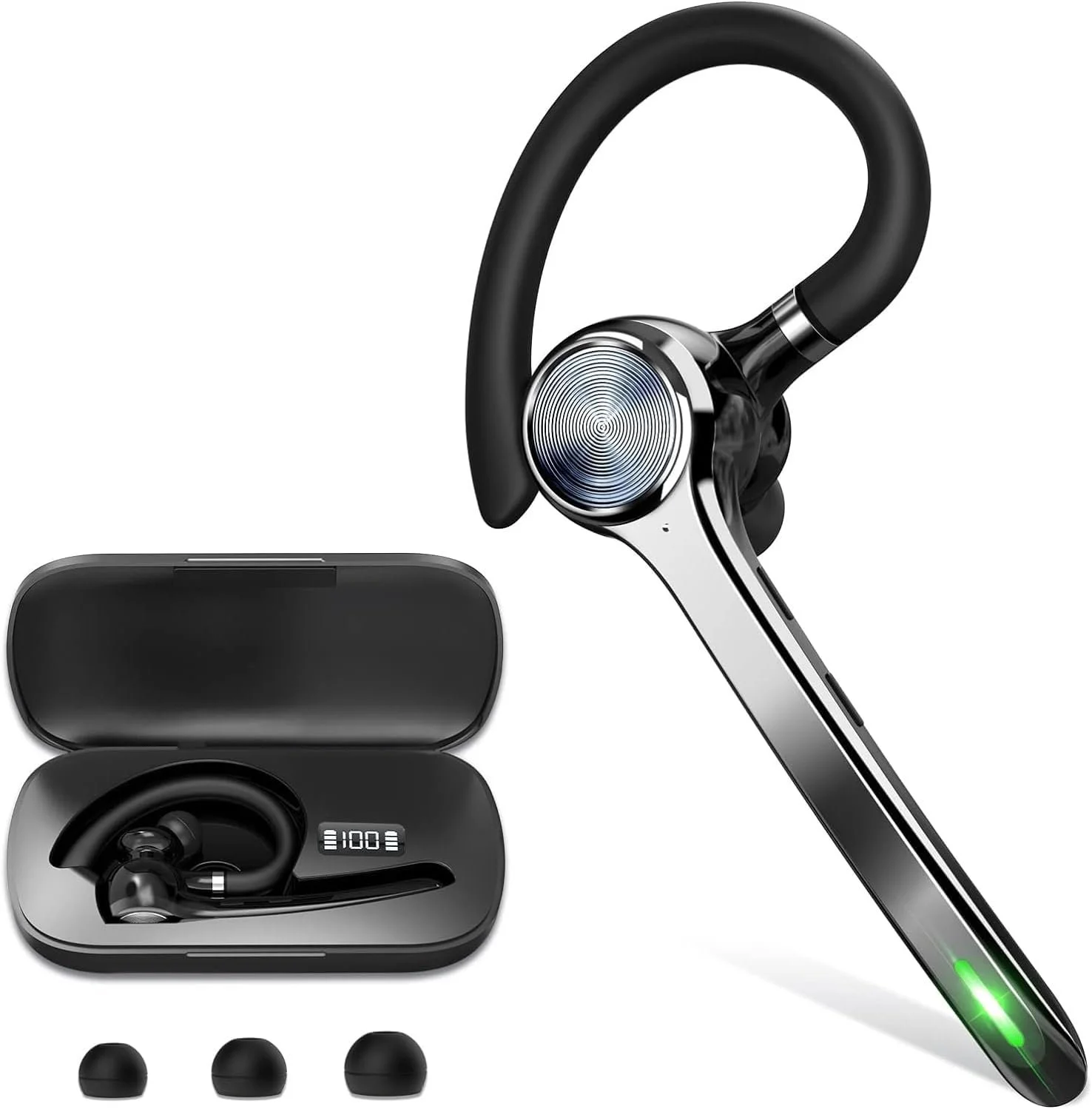 Wireless Bluetooth headset with a single earpiece, ear hooks, and charging case. The earpiece has a small display showing battery level and a green indicator light.