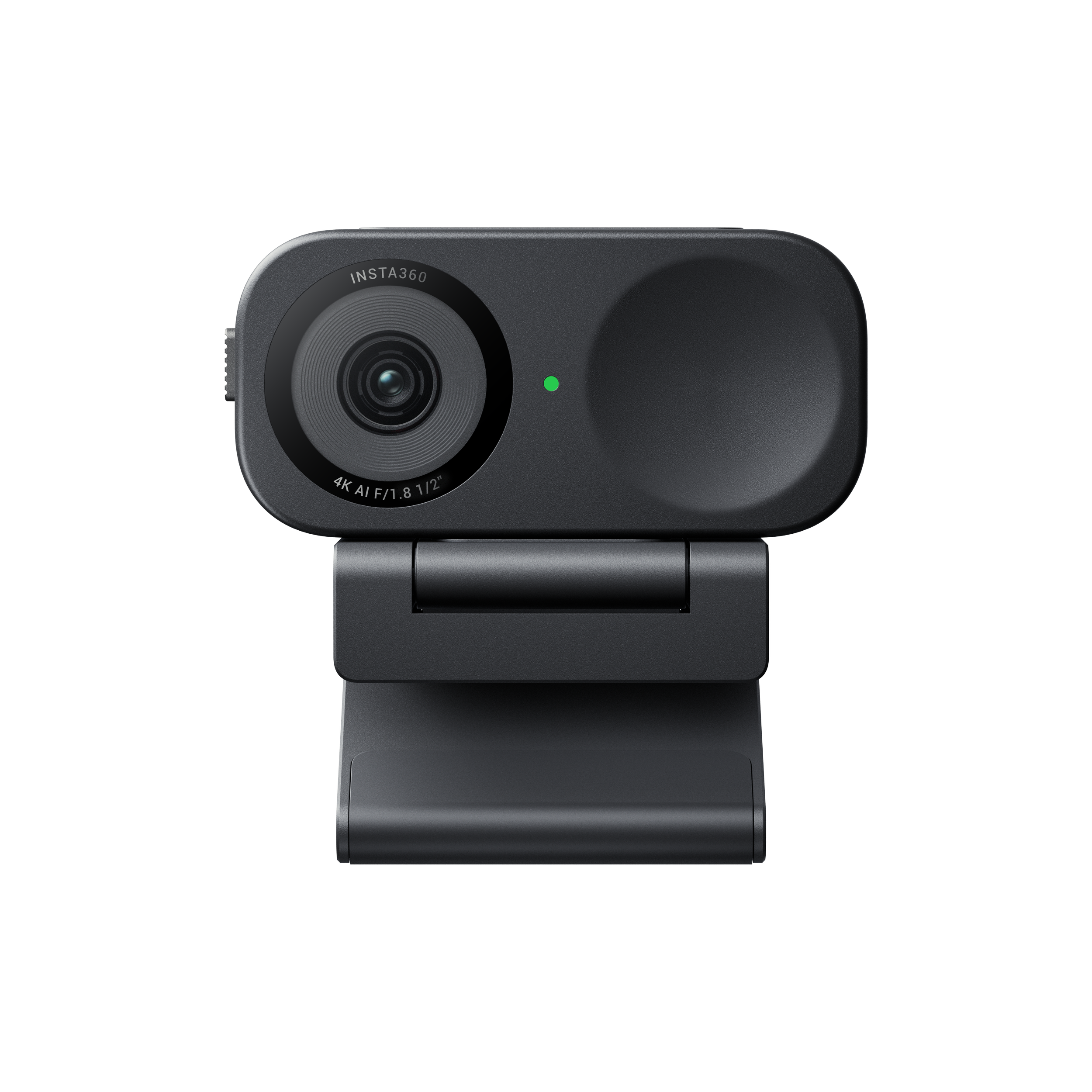 A black and gray 4K AI camera with a wide lens on the left and a blank space on the right, mounted on a support stand with a hinge.