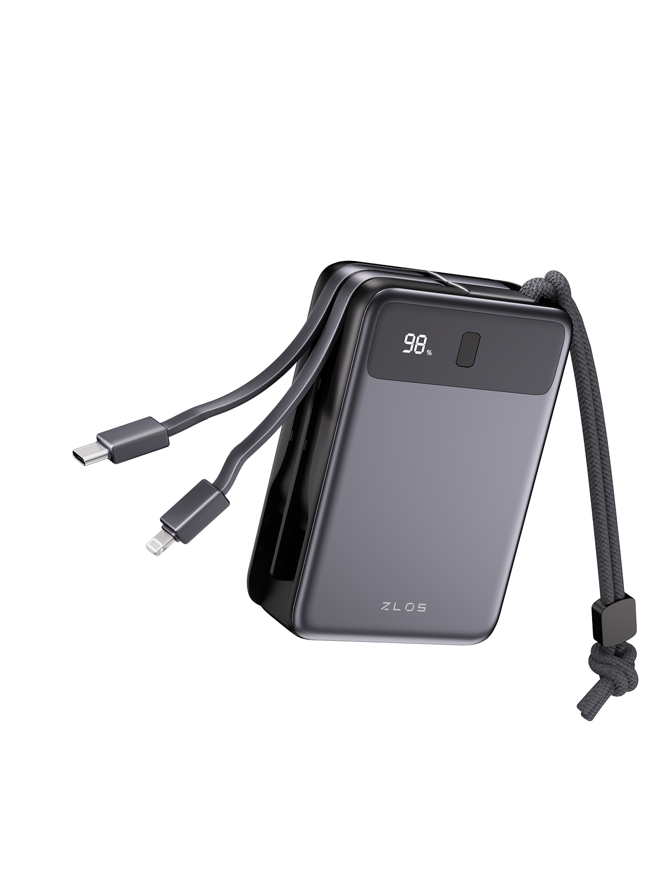 Portable power bank with a digital display showing 98% charge, connected to charging cables, with a black lanyard attached.