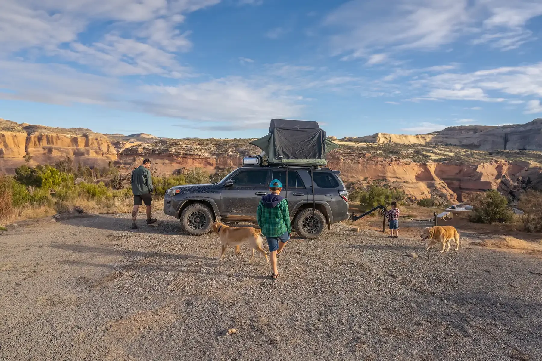 A family at a scenic desert overlook with a black SUV and rooftop tent, surrounded by three dogs, during late afternoon or early evening.