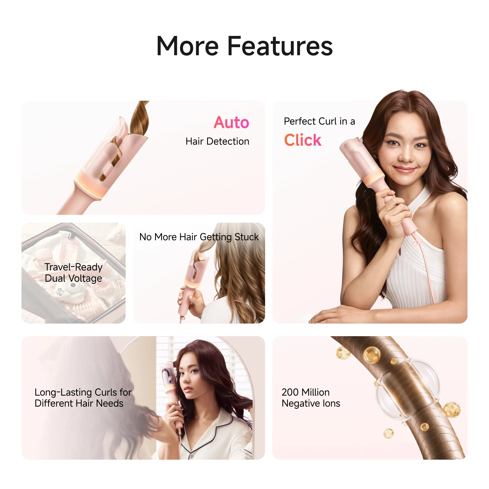Woman with long, wavy, brunette hair holding a curling iron and smiling, advertising a hair curling device.