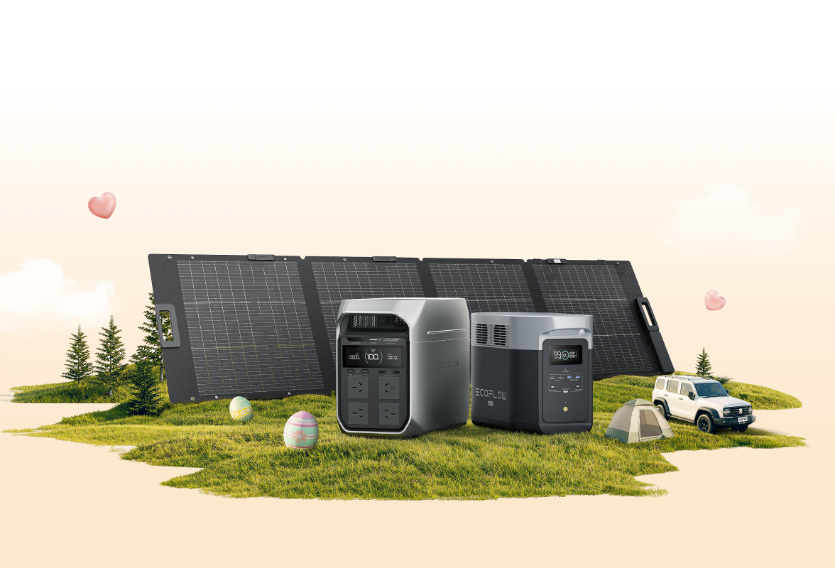 Solar panels, portable power stations, a car, a tent, and Easter eggs in a grassy outdoor setting.