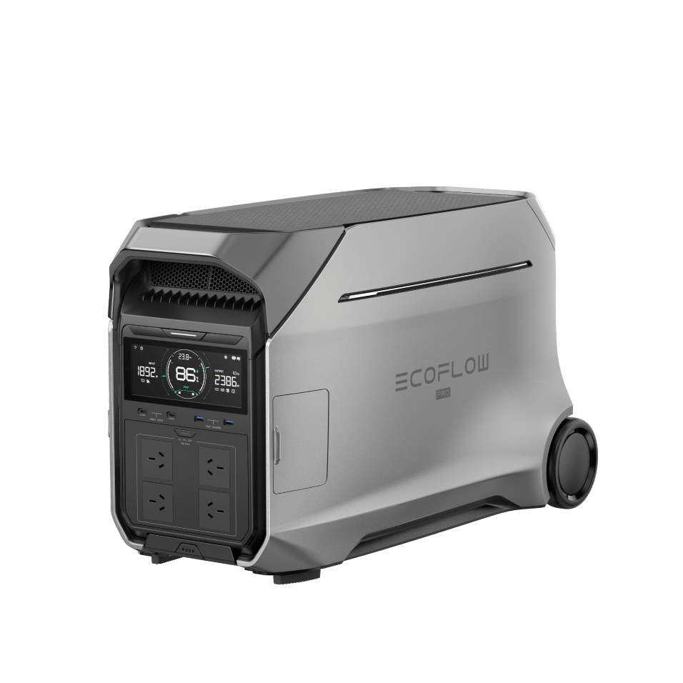 Portable EcoFlow power station with digital display, multiple outlets, and wheels for mobility.