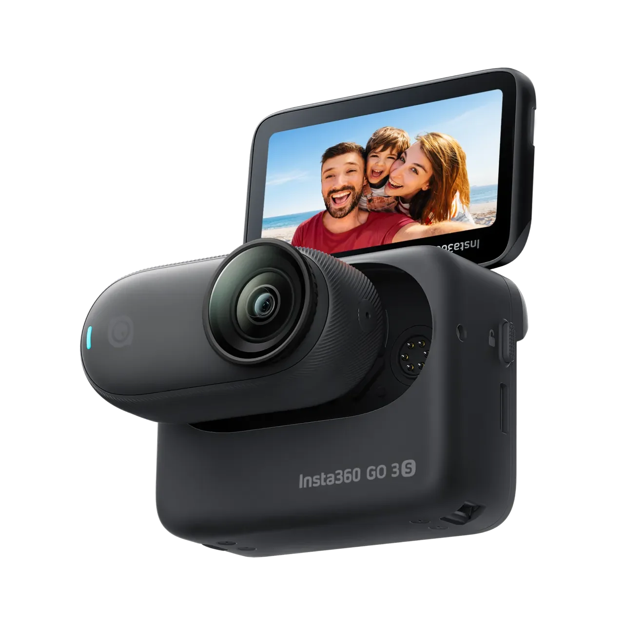 A Black Insta360 GO 3S camera with a compact design, displaying a family taking a selfie on a beach on its built-in screen.