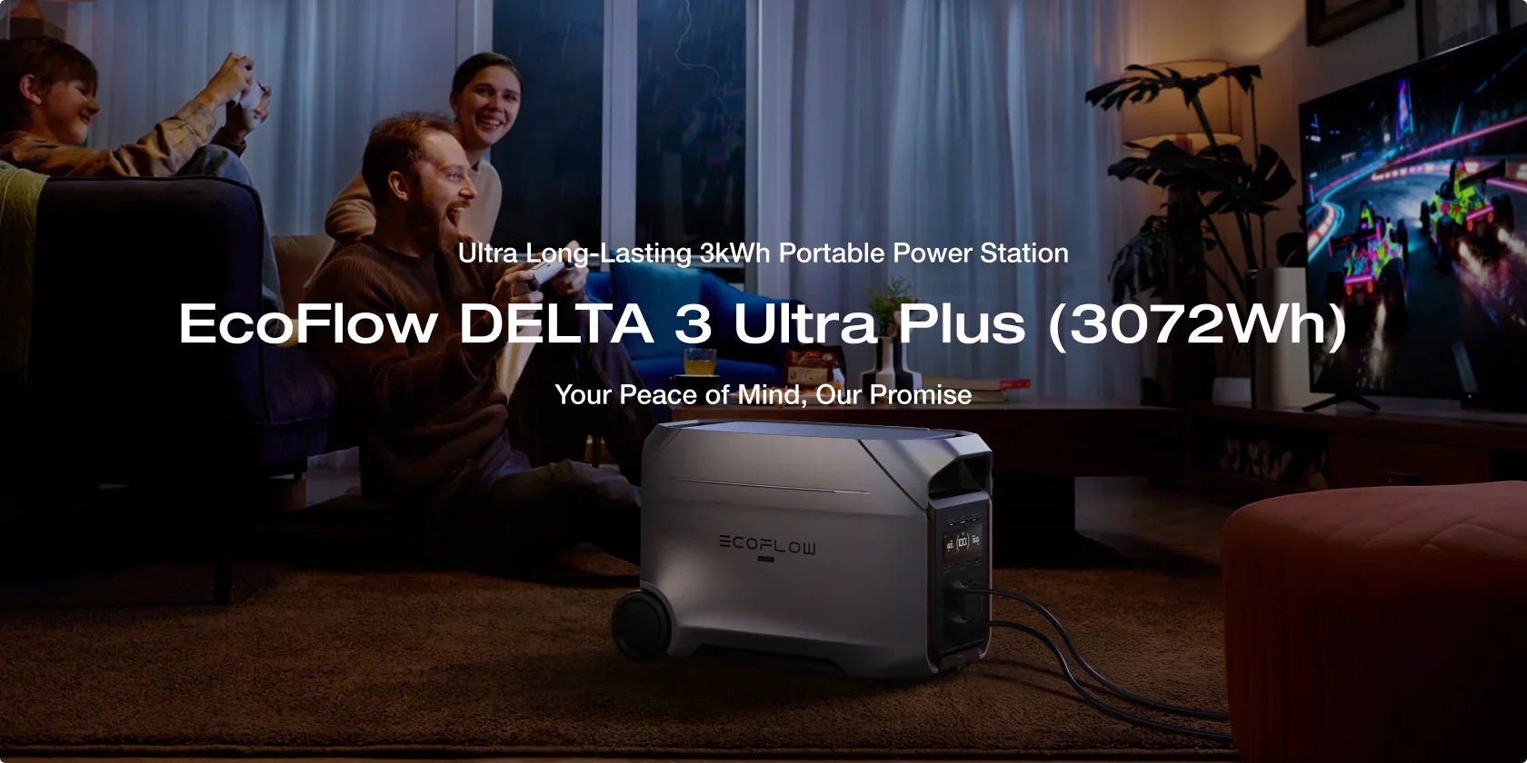 Group of four people sitting on the floor of a living room, watching television, with an EcoFlow DELTA 3 Ultra portable power station in front of them, connected to the TV.