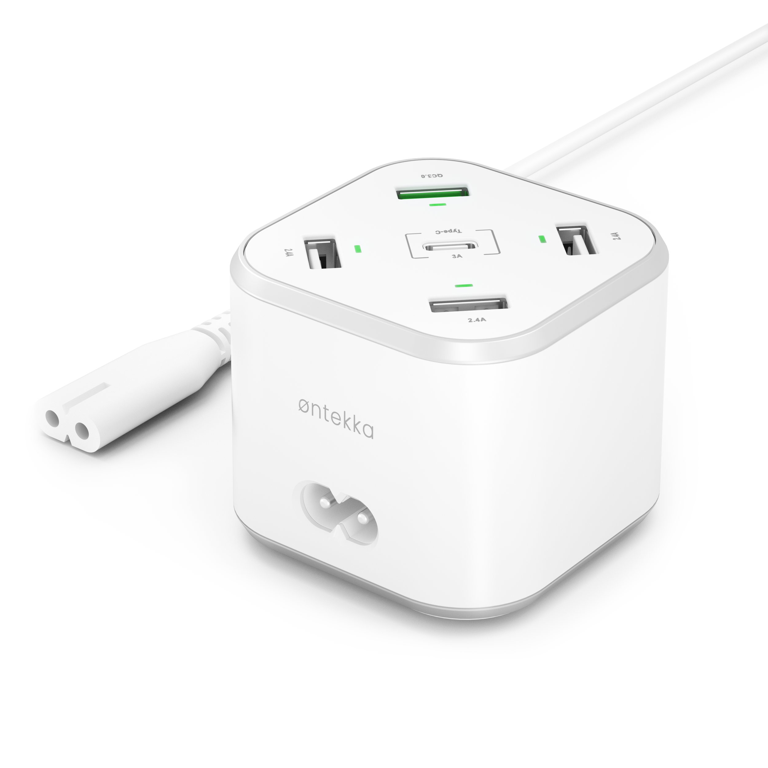 White multi-port USB charger with four USB ports and a European plug, branded Øntekka, against a white background.