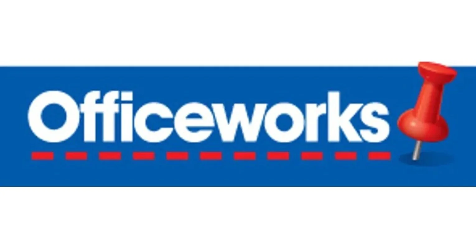 Officeworks logo with a red pushpin and a dashed red line underneath the text.