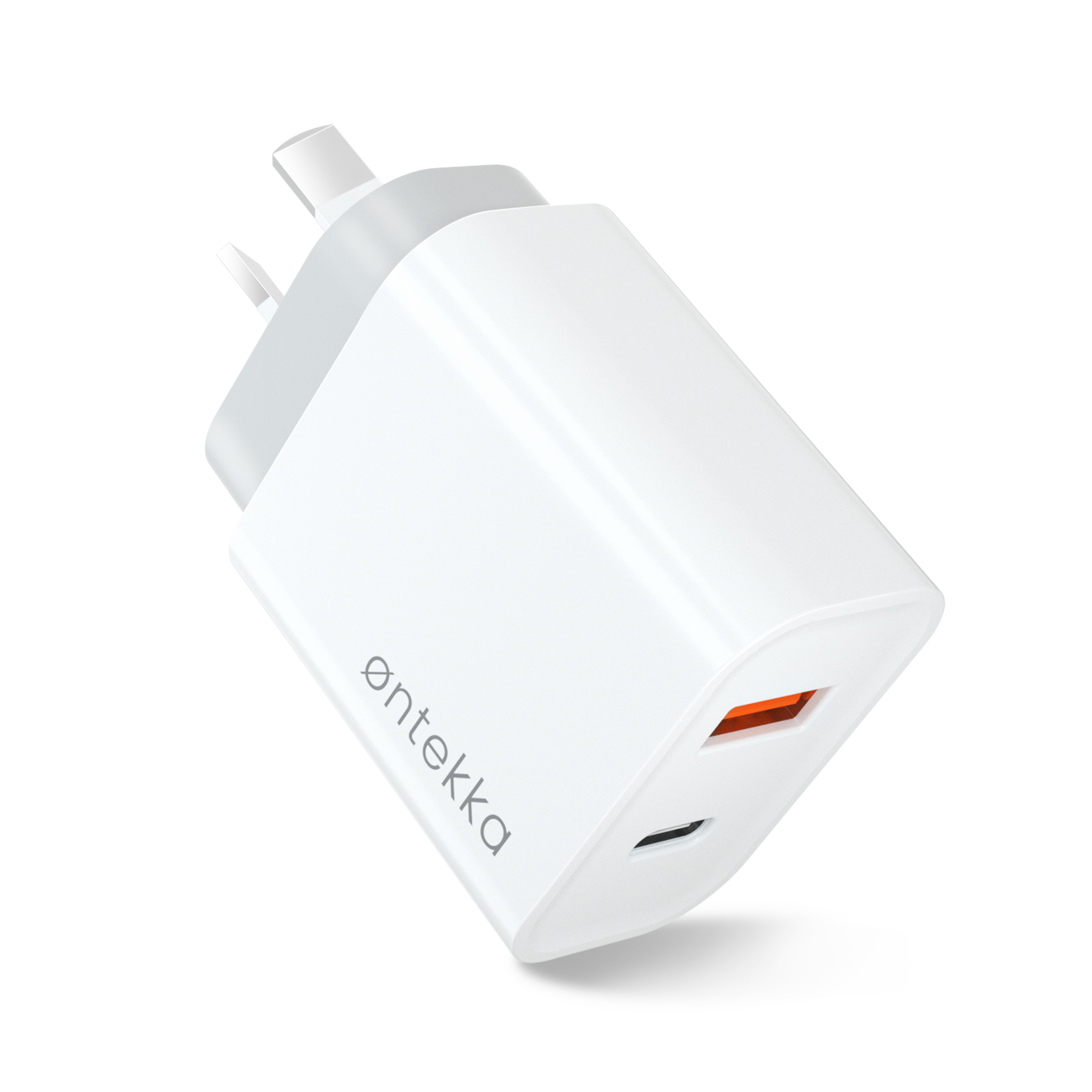 White electronic USB wall charger with multiple ports labeled 'enteKKA' in lowercase letters.