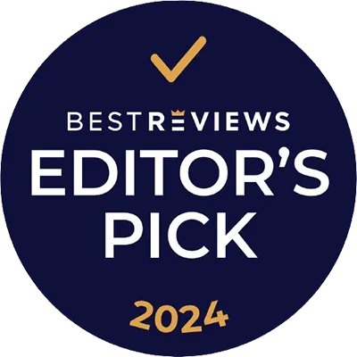 A circular badge with a dark blue background, a gold checkmark at the top, and the text 'Best Reviews Editor's Pick 2024' in white and gold.