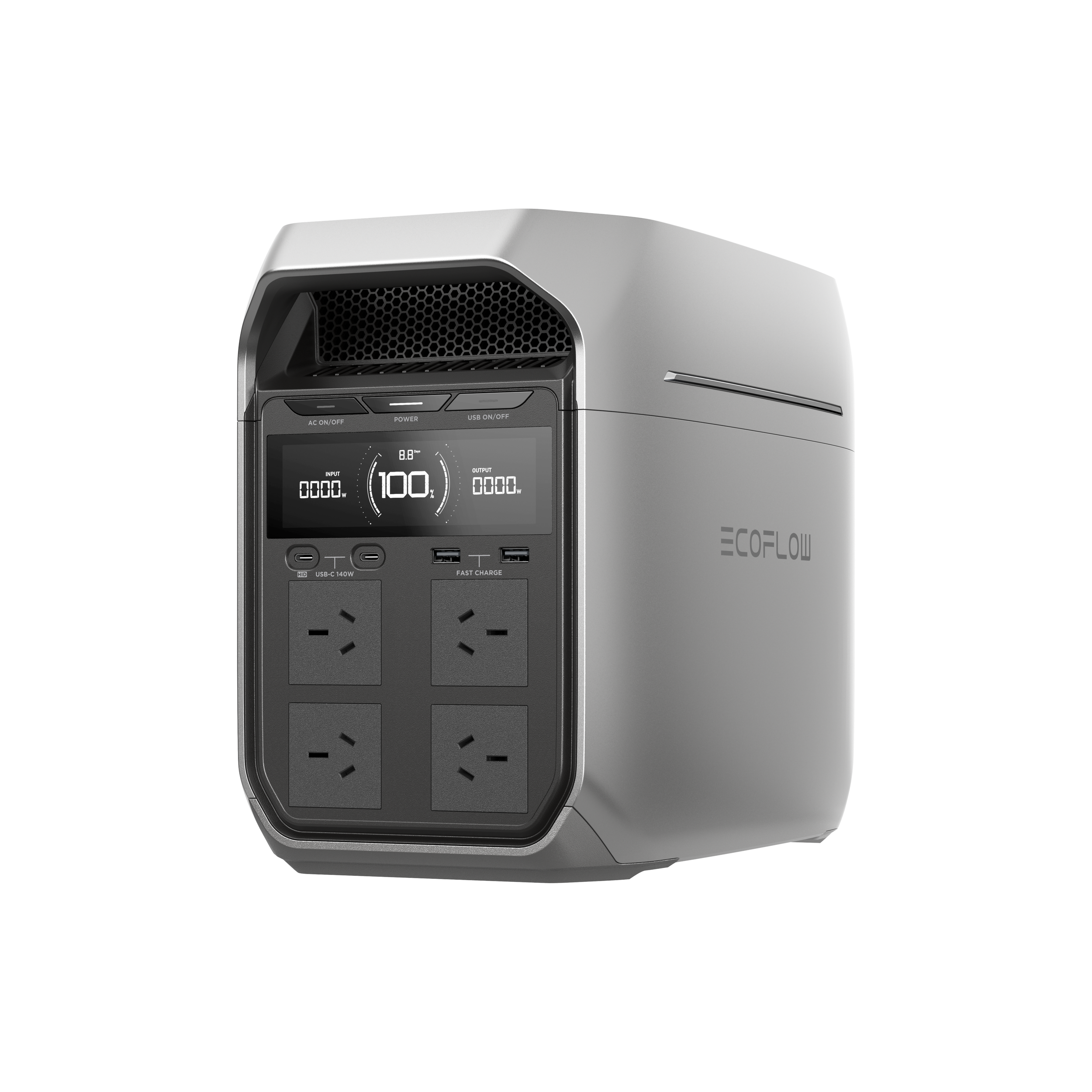 Gray EcoFlow portable power station with digital display and multiple outlets, set against a black background.