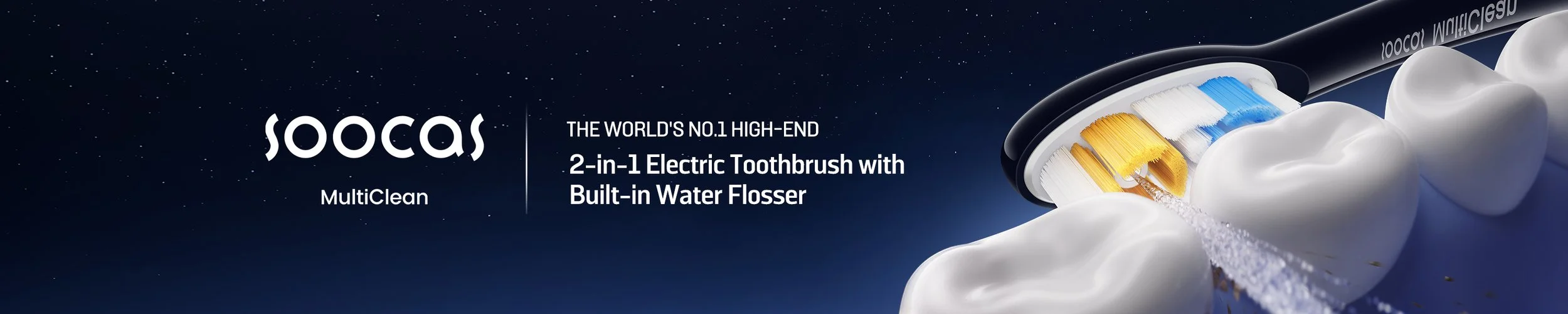 Close-up of a Sonicare electric toothbrush with water flosser feature, black handle, and toothbrush head with blue, white, yellow, and gray bristles against a dark starry background.
