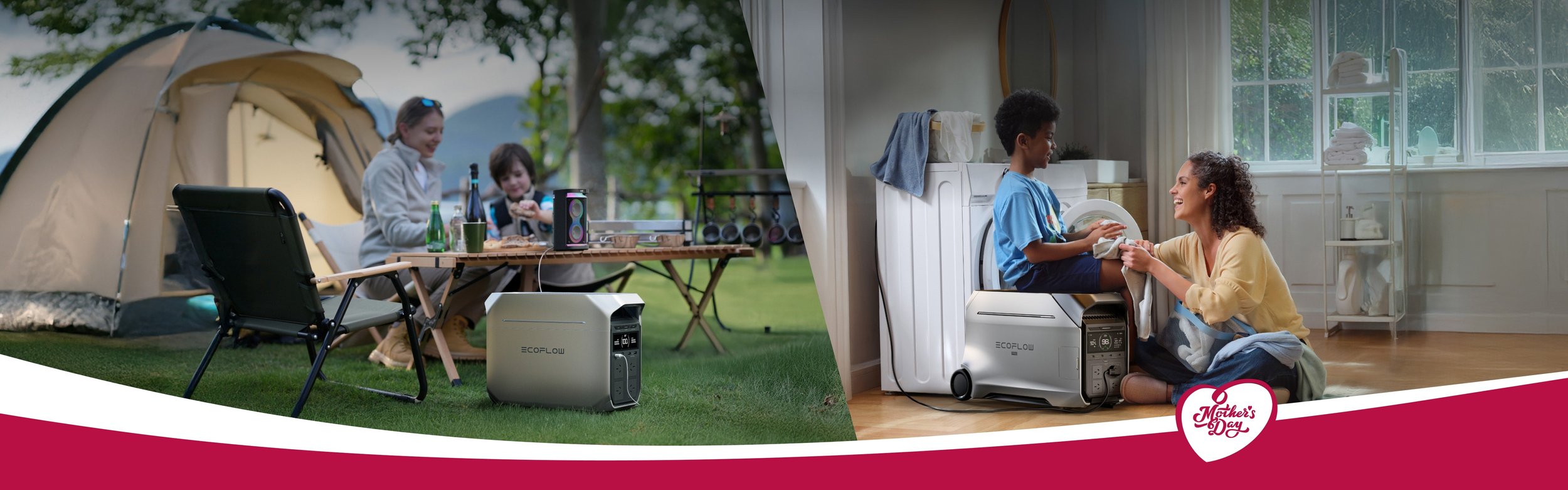 A split image showing outdoor camping scene on the left with people sitting at a table near a tent and a portable generator, and indoor laundry room scene on the right with a woman and a child handling laundry near a washing machine and a portable generator, celebrating Mother's Day.