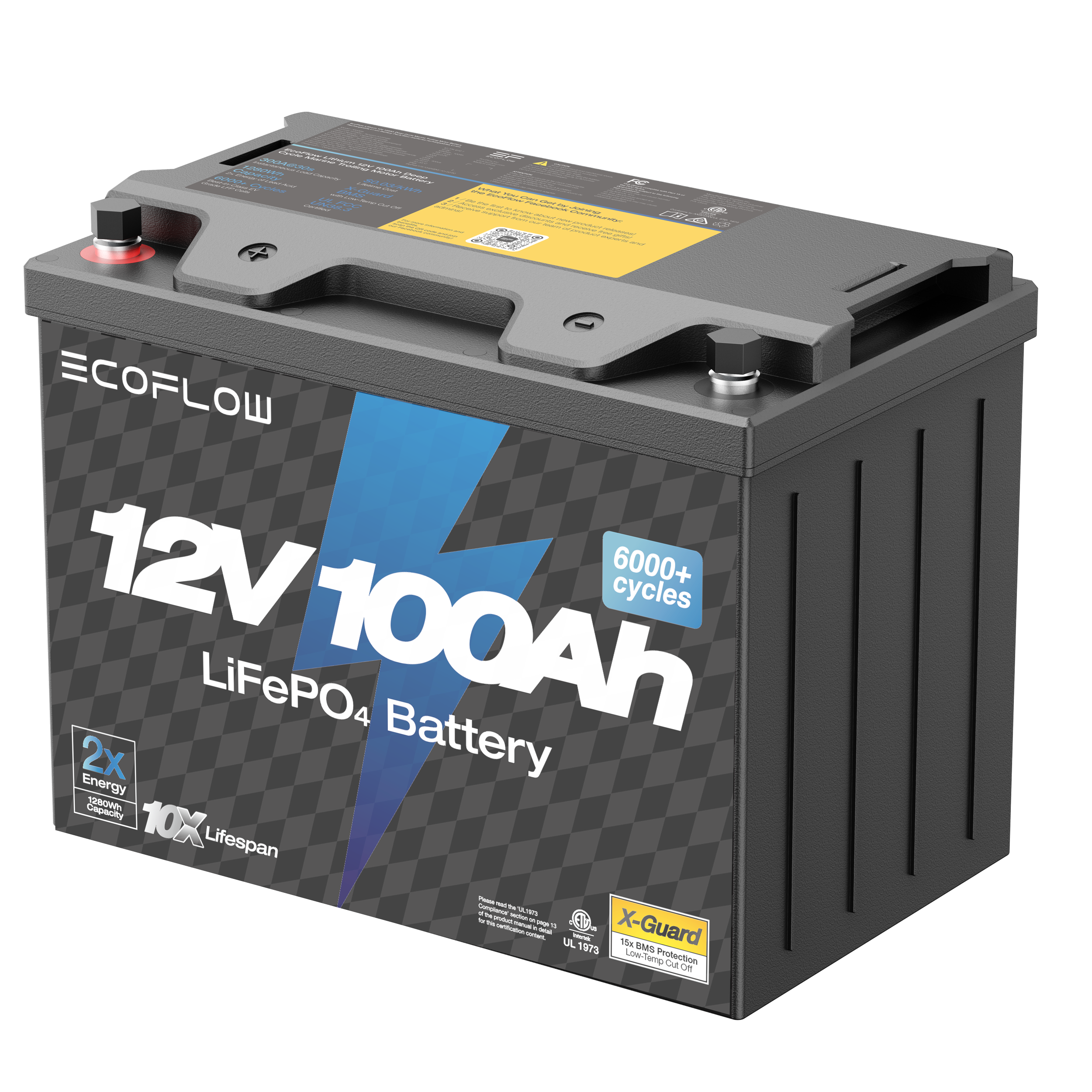 A black car battery with a label indicating it is a 12-volt, 100-amp-hour LifePO4 lithium battery with over 6000 cycles, high energy capacity, and long lifespan.