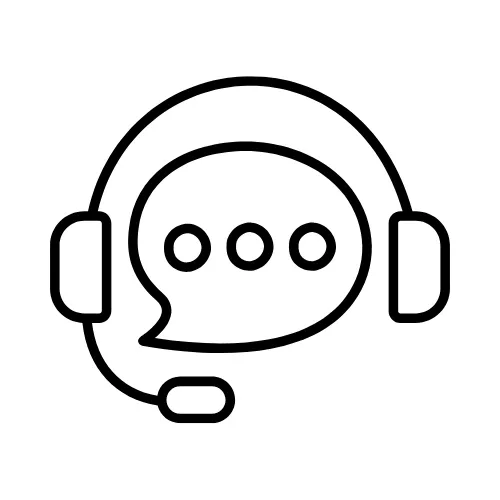 Line drawing of a headset with a microphone and a speech bubble with three dots.