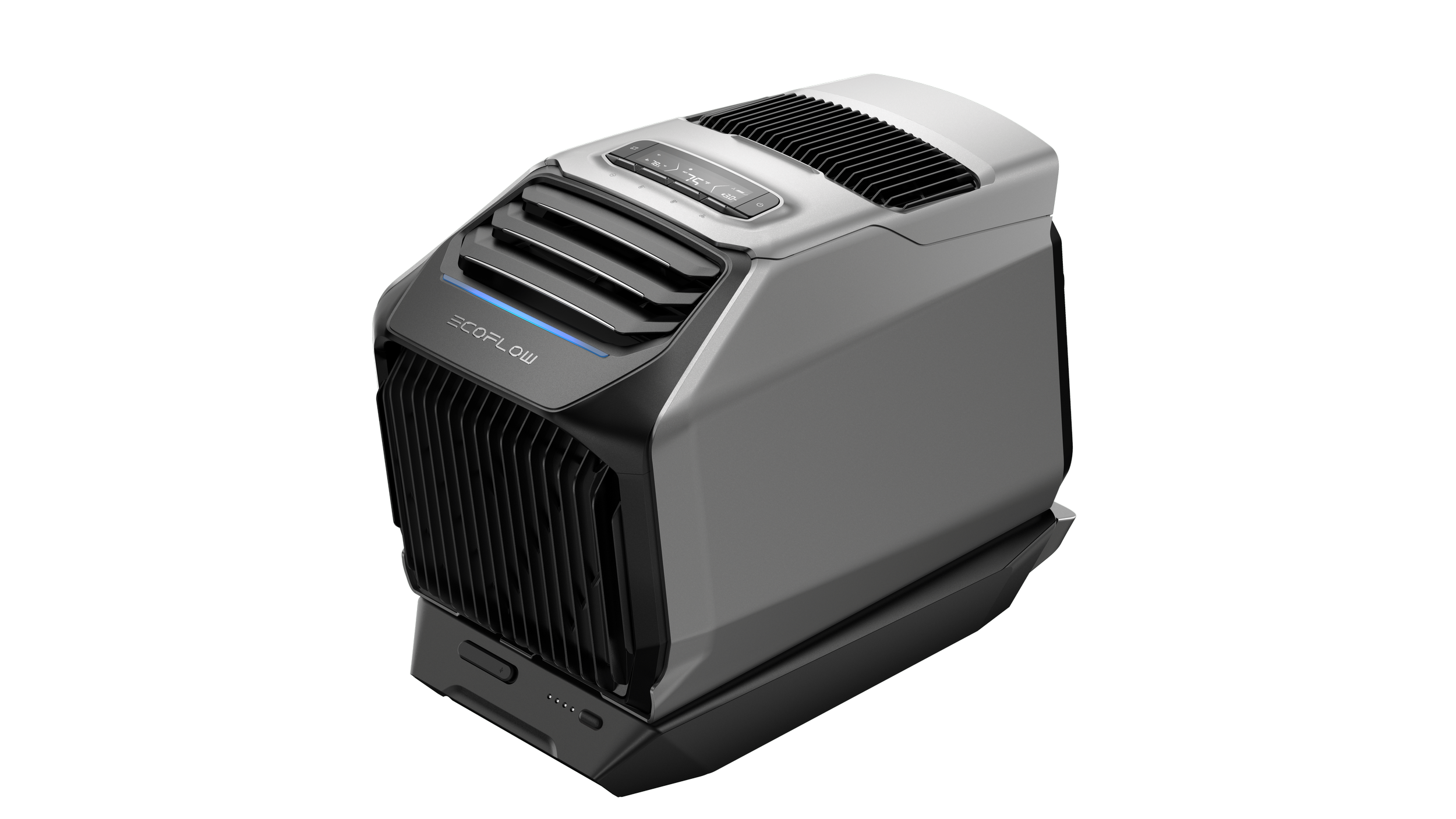 A modern portable air conditioner with a digital control display on top, black vents, and a sleek gray design.