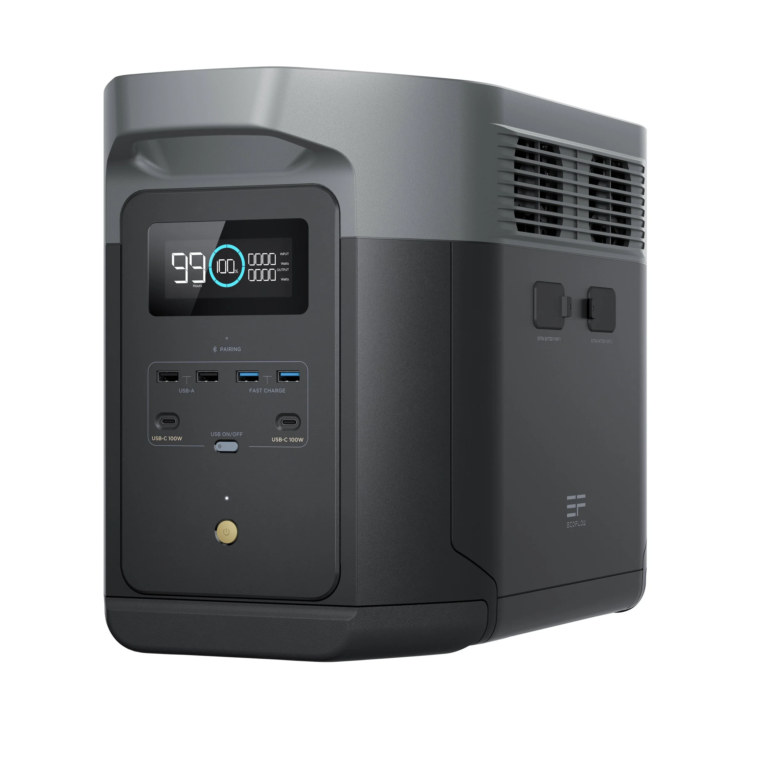 Black and gray portable power station with digital display and multiple USB ports.