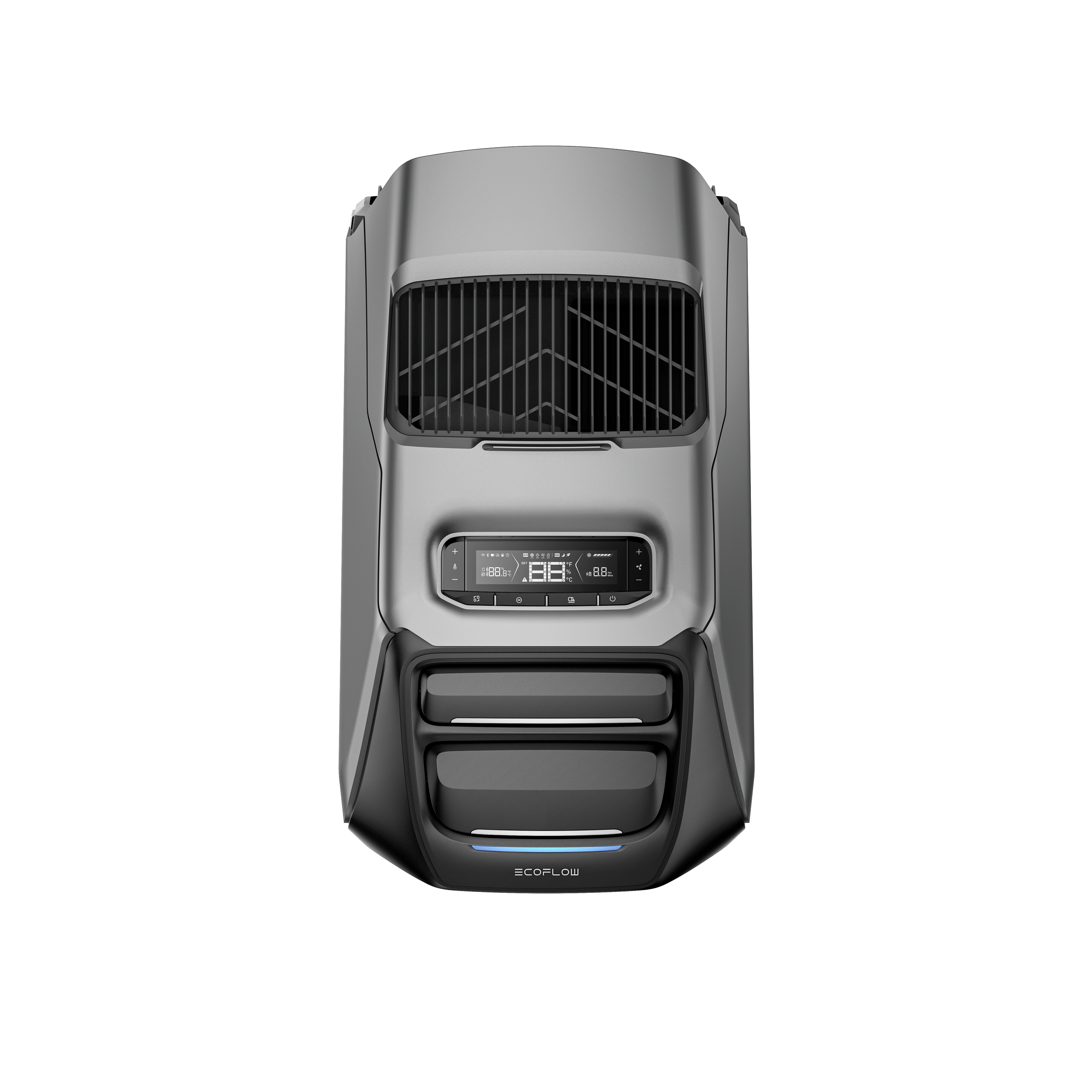 Top view of a black and gray portable air conditioner with digital display and vents.