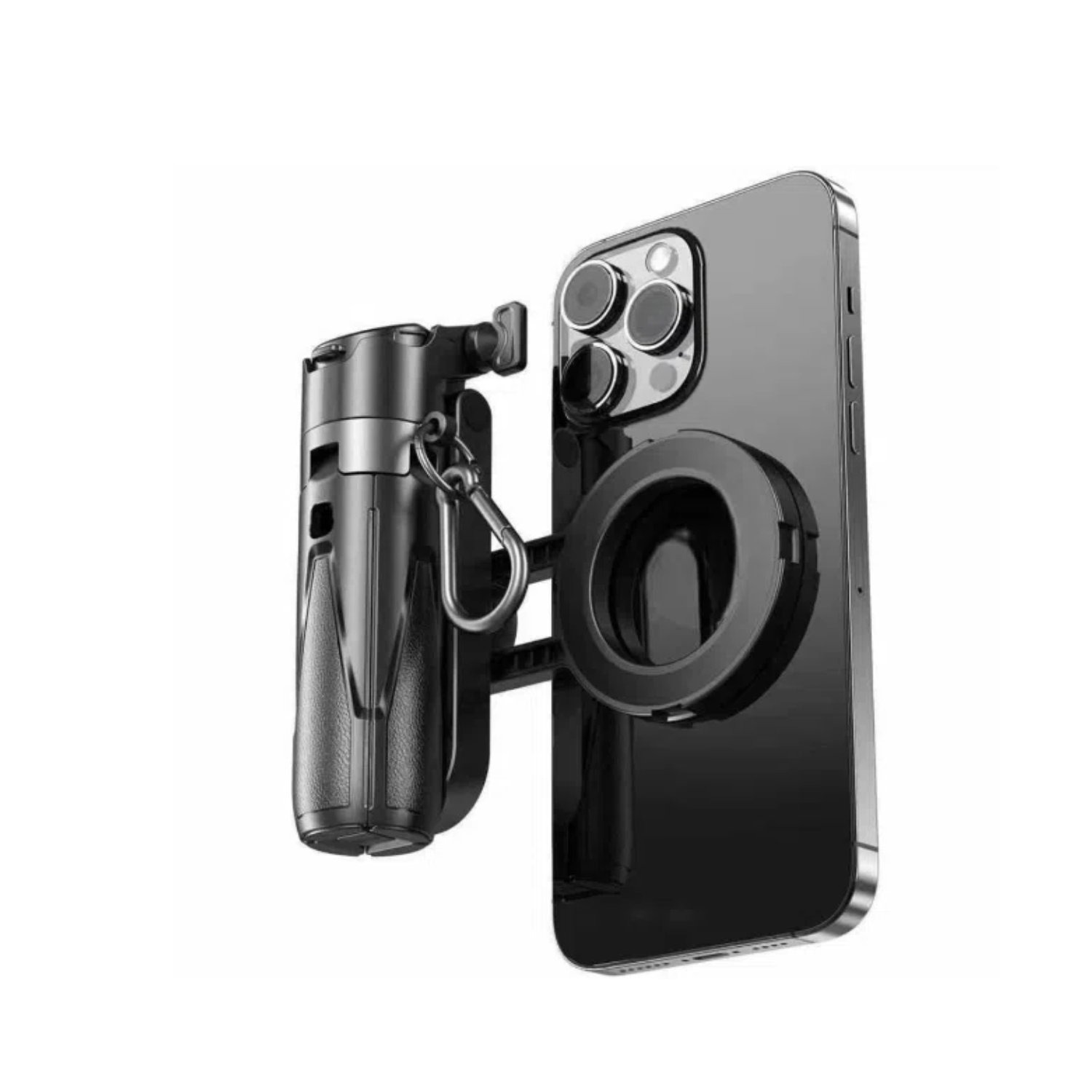 Smartphone with a lens attachment and a gun-shaped handle mounted to it.