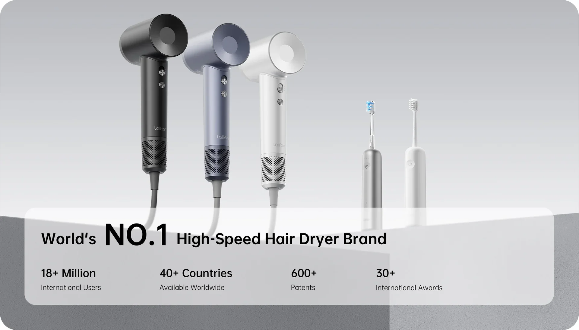 Display of three Laifen high-speed hair dryers in black, blue, and white, along with two electric toothbrushes. Text indicates Laifen as the world's number one high-speed hair dryer brand, with over 18 million users, available in over 40 countries, holding more than 600 patents, and receiving over 30 international awards.