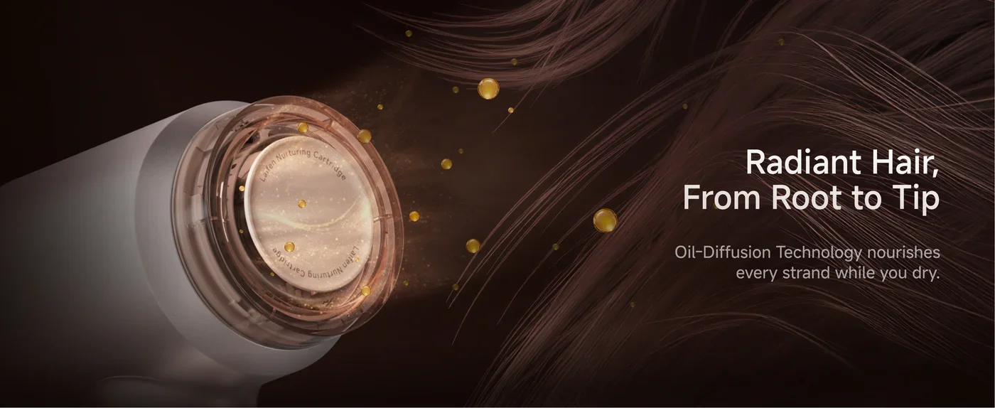 Close-up of a hair dryer emitting a stream of golden particles onto hair, with text stating "Radiant Hair, From Root to Tip" and "Oil-Diffusion Technology nourishes every strand while you dry."