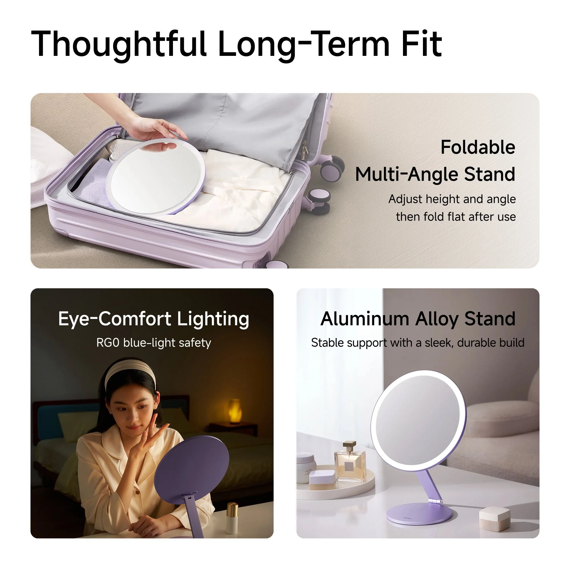 Two images of beauty or skincare products and a mirror, with text overlay highlighting features such as long-term fit, foldability, multi-angle stand, eye comfort lighting, and aluminum alloy stand.