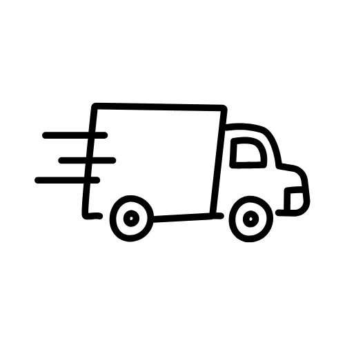 Simple black line drawing of a moving delivery truck with motion lines indicating speed.