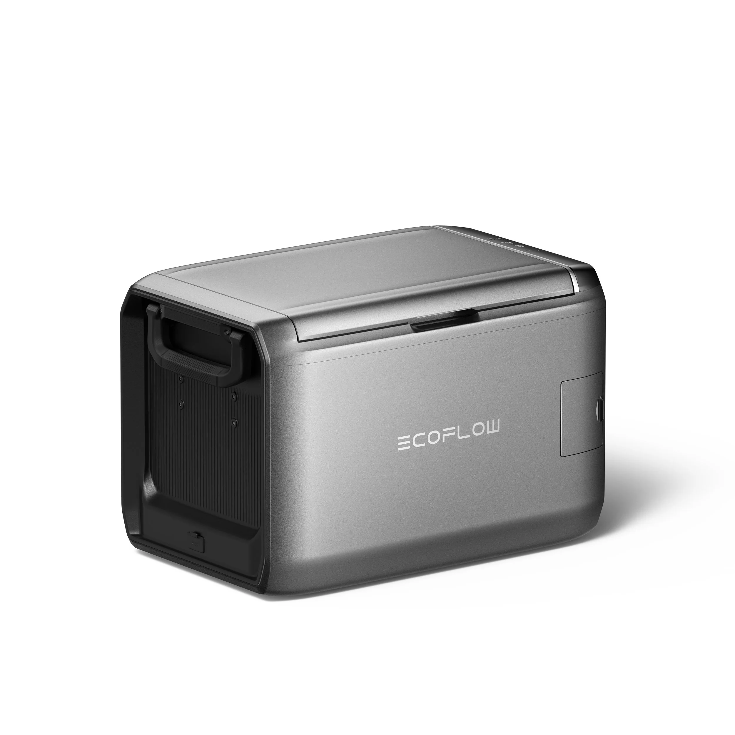 Silver EcoFlow portable refrigerator with black handle and vent on side, on a white background.