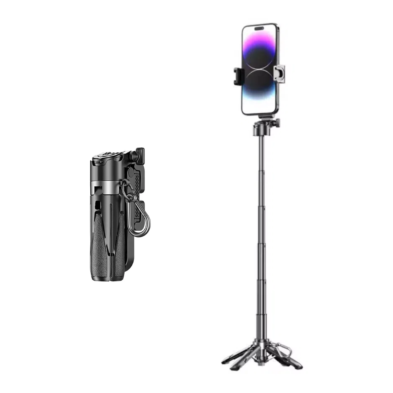 A smartphone mounted on a selfie stick with a tripod, and a portable collapsible flashlight or power bank.