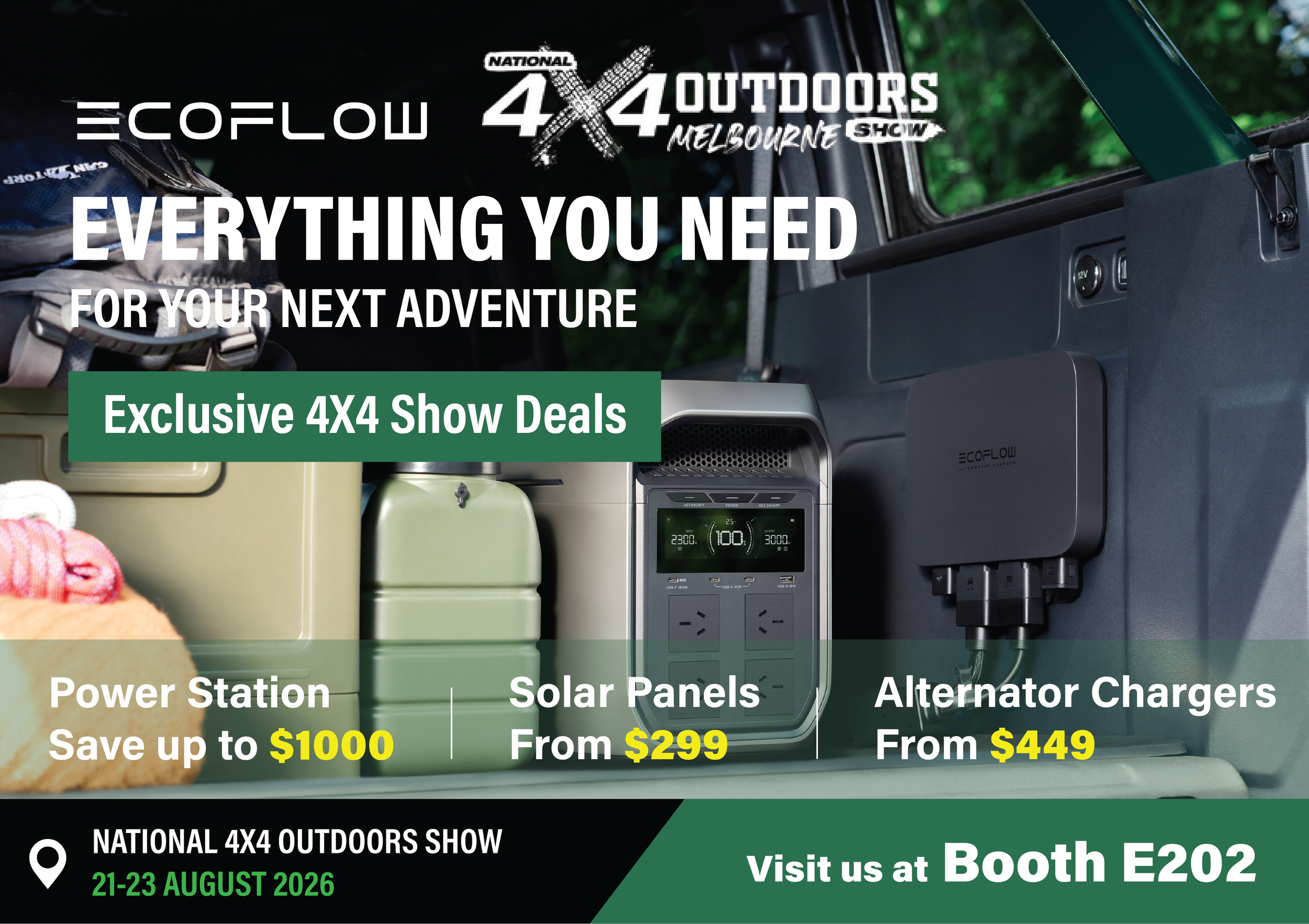 Promotional banner for the National 4x4 Outdoors Show Melbourne, August 21-23, 2026. Features camping gear, power station, solar panels, and inverter charger, with discounts and booth location details.