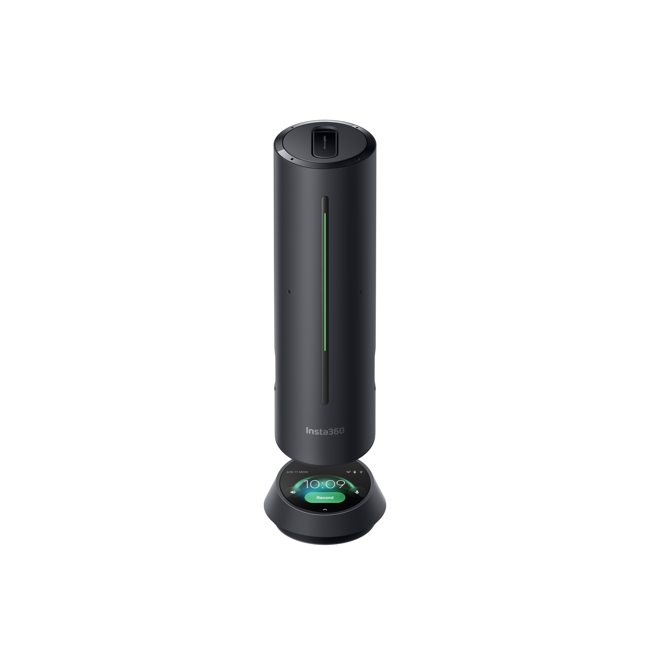 A black Insta360 camera with a cylindrical body positioned vertically on a sleek round digital base with a touchscreen display showing the time 10:09 and a record button, set against a black background.