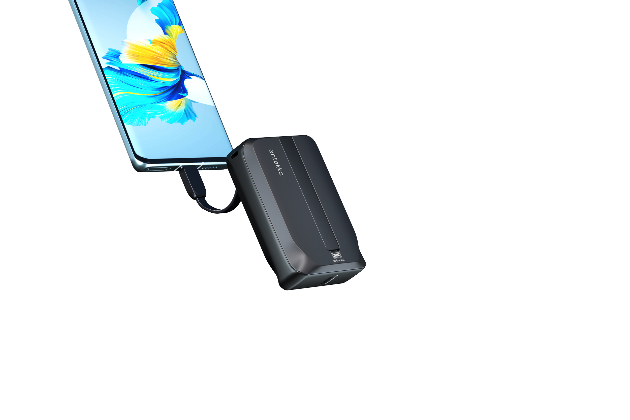 A smartphone connected to a black portable power bank via a charging cable.