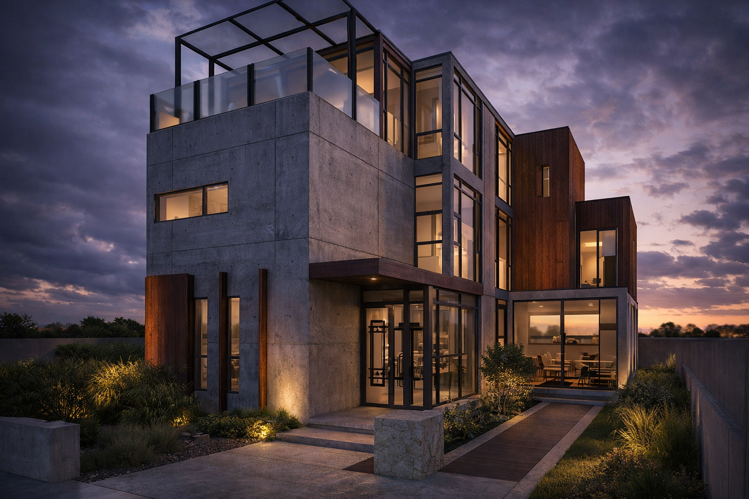 Solid concrete residential home at dusk with corten steel, burnt wood detailing and landscaped greenery