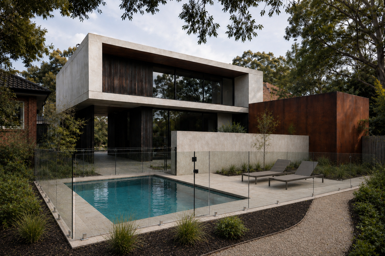 Eaglemont concrete home with a glass-enclosed pool, landscaped garden and outdoor loungers.
