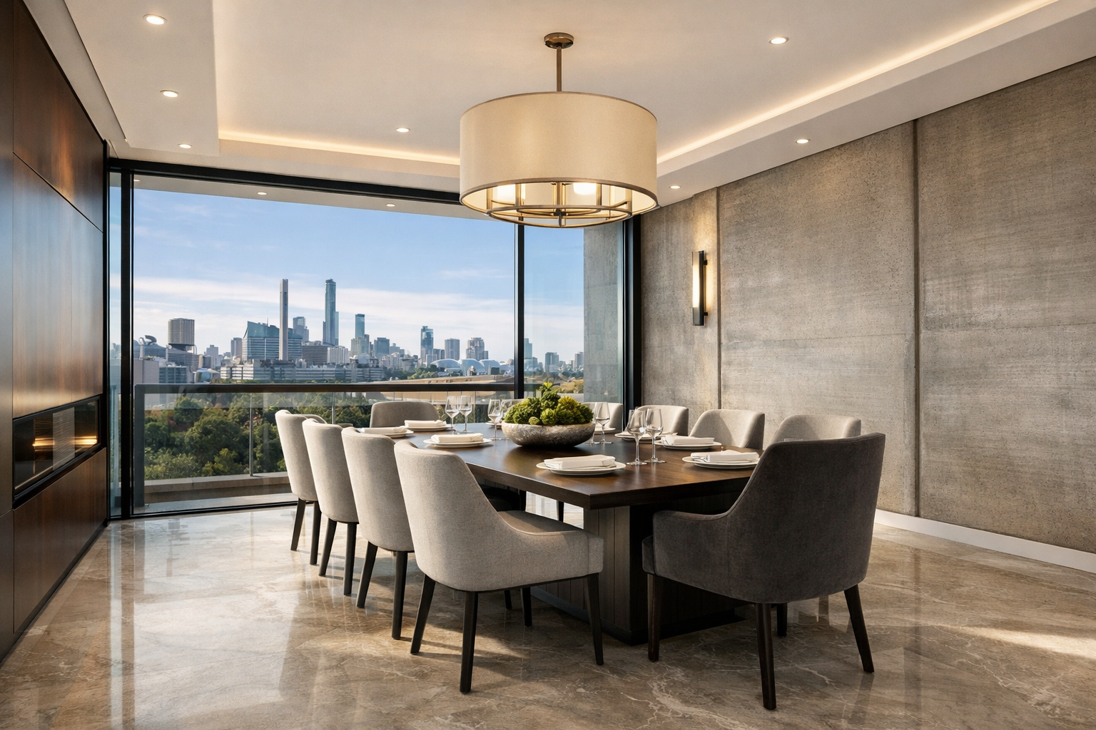 Sound-insulated dining room in a concrete home designed for acoustic comfort and reduced external noise