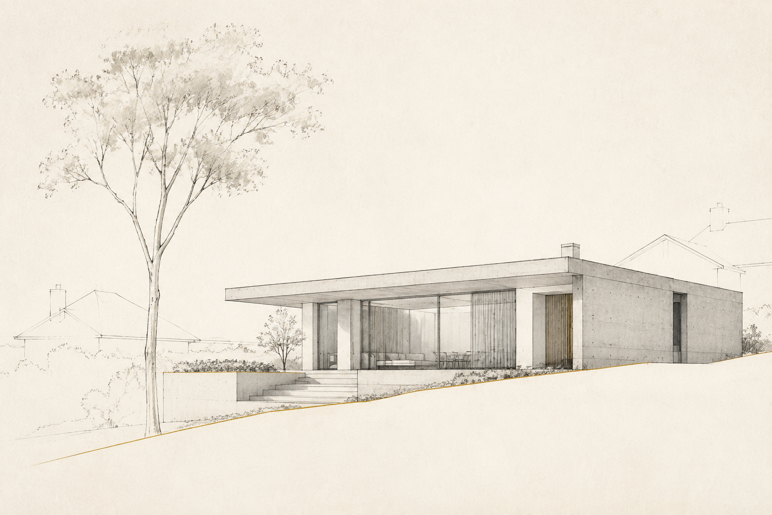 Architectural sketch of a contemporary concrete home designed in response to a sloping Melbourne residential site.