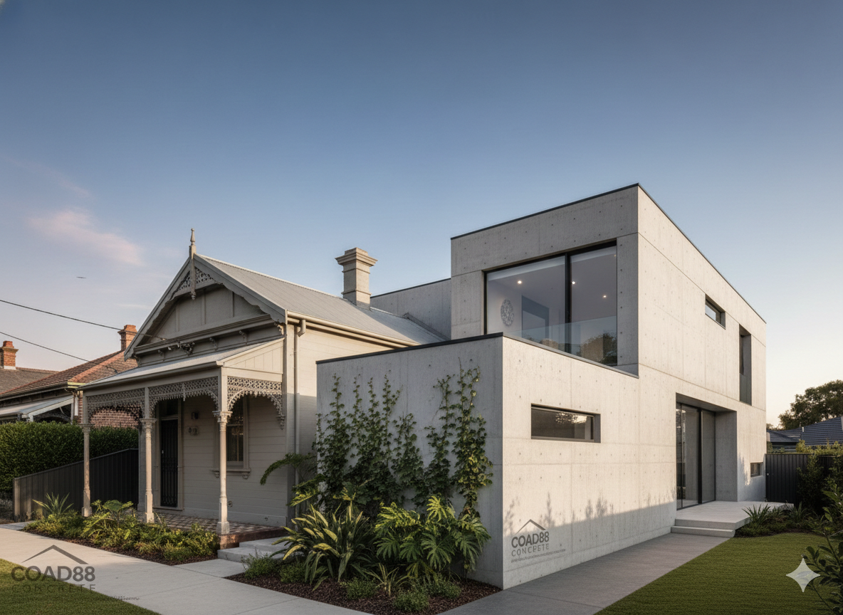 Fitzroy North heritage Victorian home with a contemporary concrete extension, combining heritage architecture at the front with a robust modern concrete residential addition at the front.
