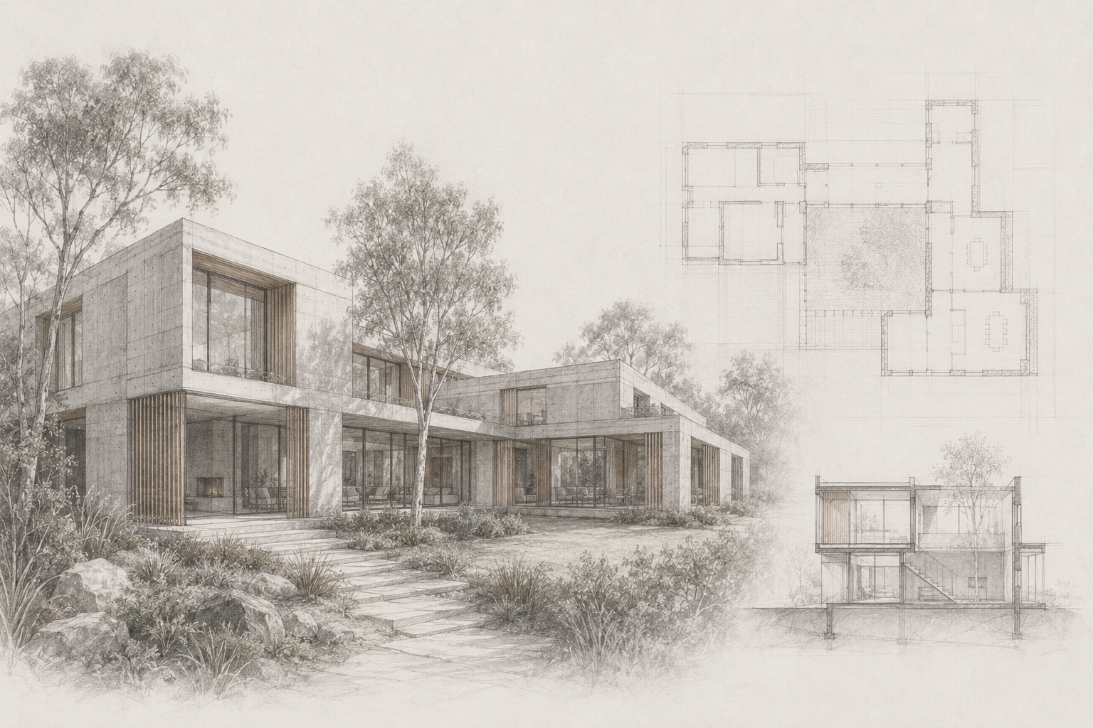 Concept perspective, floor plan and building section for a substantial concrete home designed by COAD88 CONCRETE.
